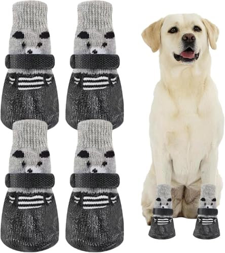 Tchsrim 4 Stück Hundesocken Anti Rutsch,Weiche Socken für Pfotenschutz Hund von Hunden mit Verstellbarem Klettverschluss für den Innen- und Außenbereich (L)
