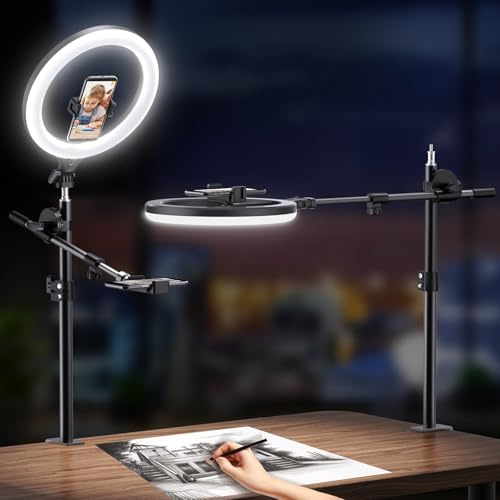 Ring Light with Stand and Phone Stand, Top Phone Stand, Phone Holder for Recording, 11 Inch Circle LED Ring Light for Computer with Clamp for