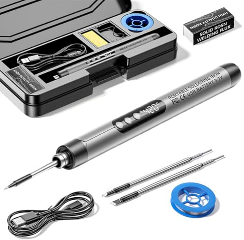 LUPATDY Kabelloses Lötkolben-Set, USB Wiederaufladbar mit LCD-Display, Temperatur einstellbar 260 ℃-420 ℃, 3 Lötspitzen, Lötdraht, Lötpaste, Professionelles Set