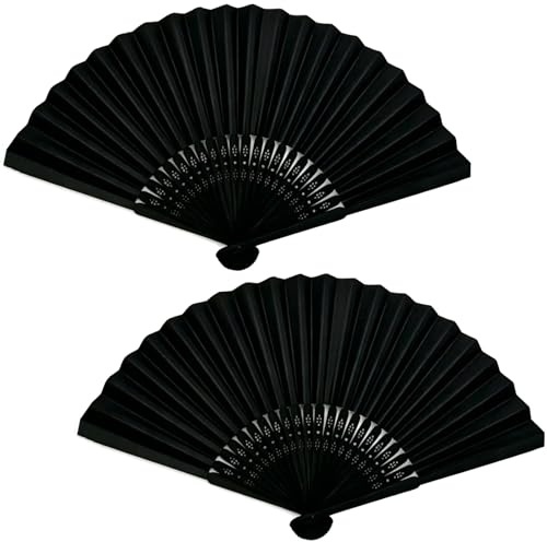 BNPHSIN Hand Fan Folding, 2 Pcs Black Silk Fabric Hand Fans, Chinese Fan, Hand Held Fans Folding for Wedding, Party Favor, Performance, Dance, Home Decorations, Festival, Gift