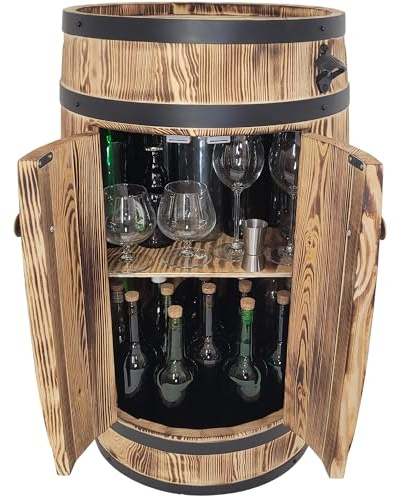 weeco Holzbar in Fassform mit Regalen für Alkohol und Türen dekoratives Barschrank geflammte für Wein Whisky im rustikalen Stil für Wohnzimmer 80x50 cm Hellbraun