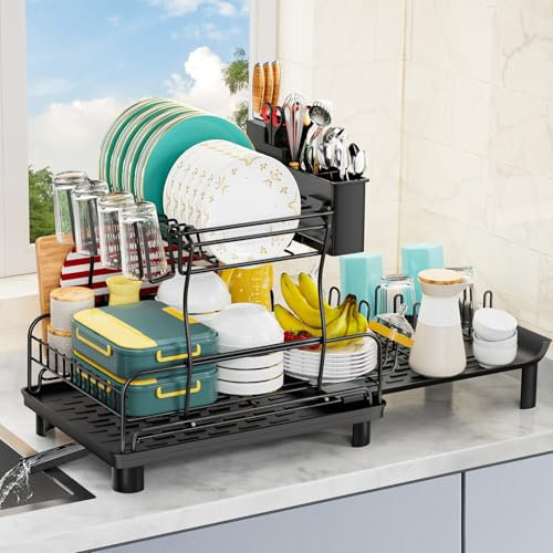 OFOAEEA Dish Drainer Rack, Extendable Dish Rack, 2 Tier Draining Board Rack, Multifunctional Dish Racks for Kitchen Counter, Dishes Drying, for Kitchen Counter Space Saving, Black