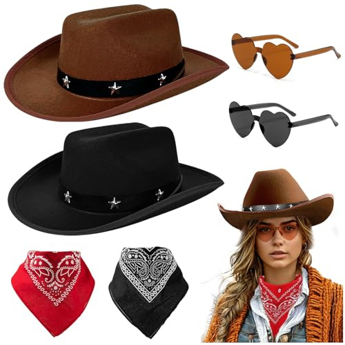 Audasi Costume Da Cowboy Set, 6 Pacchetto Nero E Marrone Stella-Studded Cowboy Cappelli Occhiali Da Sole Bandana Rossa E Nera Vestire Occidentale Fancy Per Cosplay Festa Di Halloween