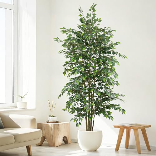 Artificial Ficus Tree 8FT - Large Faux Plant Indoor Tree with Lifelike Leaves and Realistic Trunks, 96 Tall Fake Tropical Plant Floor Potted Tree for Home Living Room Porch Office Decor