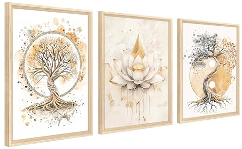 3Pcs Stampa su Tela Con Cornice Albero della vita Yin Yang Pittura Quadri su Tela Buddismo Zen Fiore di Loto Beige Quadri Moderni Soggiorno Camera da Letto Bagno Casa 40x60cmx3pcs (Senza Plexiglass)