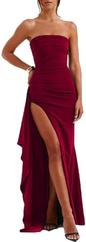 JYIXXZX Womens Strapless Maxi Evening Dress Sexy High Slit Ruched Party Long Dress Irregular Hem Elegant Bandeau Dresses Sleeveless Bodycon Prom Dresses for Club Cocktail Wedding Formal Gowns