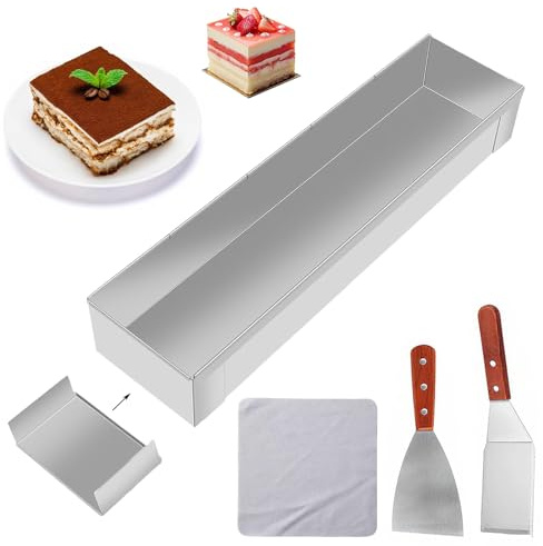Rektangulär mousse, 40 x 9,5 x 6 cm rostfritt stål Tiramisu kakform med avtagbara sidor, återanvändbar ostkaksform med 2 stekspade (lutande kant, rektangel), för tårtberedning