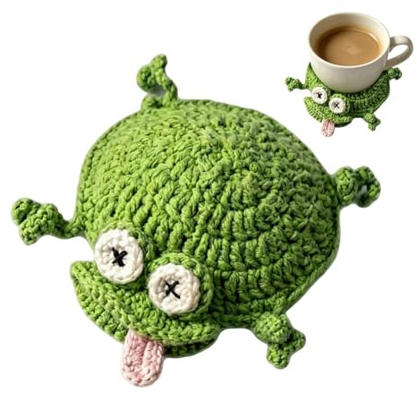 Animal Crochet Coasters, 10CM Cute Crochet Frogs Cup Coaster for Desk, Novelty Animal Felt Coasters Round for Drinks, Handmade Knitted Frogs Mug Rug Coaster, for Home Decoration