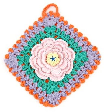 Presina colorata con fiore rosa ad uncinetto 17x18 cm, in Cotone, Protezione Calore Cucina, Idea Regalo Mamma e Nonna (9PRS)