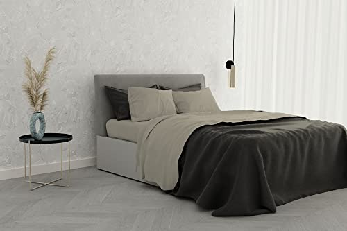 Italian Bed Linen Juego de Ropa de Cama en Satin, 100% Satén de Algodón, Beige, Doble