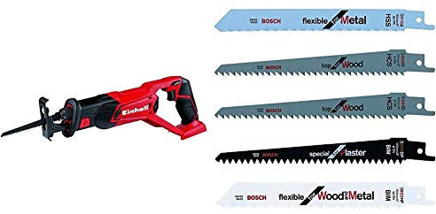 Einhell TE-AP 18 Li -Sierra de sable inalámbrica, sistema de gestión de la batería, 18 V, carcasa con soportes de goma (ref. 4326300) & Bosch F016800307 Hojas de Sierra Intercambiables Set de 5 Piezas