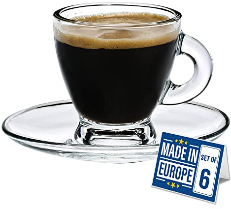 CRYSTALIA Premium Glass Espresso Cups Set of 6, 100% LEAD FREE Espresso Cups and Saucers Set, Expresso Coffee Cups, Glass Turkish Coffee Cups, Greek Coffee Cups Esspreso Coffee Cups, Espresso Glasses