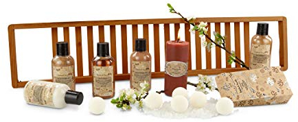Römer Wellness Geschenkset: Badeoase, 14-teilig: Duschgel, Bodylotion, Shampoo, Schaumbad, Körperpeeling, Kerze, 6 Badekugeln & Badesalz + Badewannenhalter, Patchouli Vanille; ca. 70 x 14,5 x 6 cm