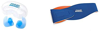 Zoggs Aqua Plugz, Ear Plugs for Swimming, Reusable Silicone Ear Plugs & Kids' Swimming Ear Band, Blue/Orange, Small/Medium