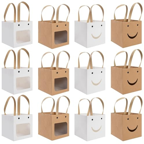 Kraftpapier Tüten Geschenkbox, 12 Stuck Geschenkverpackung Box mit Fenster und Henkel, für Hochzeit Geburtstag Party, Taufe, Kekse, Süßigkeiten, Dessert