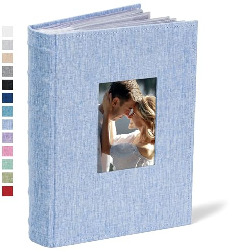 Vienrose Album Photo 10x15 300 Pochettes Couverture Lin Bleu Ciel | Zone d’écriture, fenêtre personnalisée, pochettes latérales, sans acide ni PVC, souvenirs mariage, bébé et vacances