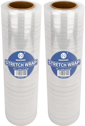 NEXCOVER 45,7 cm Stretchfolie – 300 m | 60 Gauge, 2 Rollen transparente Kunststofffolie für Palettenverpackung, dicke und langlebige Verpackung, Umzugszubehör, robuste Schrumpffolie.