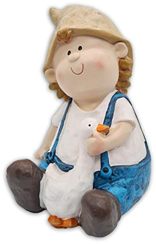 Wichtelstube-Kollektion XL Poly Gartenfigur Hans mit Gans Dekofigur Outdoor 29cm hoch Gartenfiguren Wetterfest für Außen Gartendeko Junge Gartendekoration