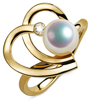 AMDXD Damenring, 18K Gold 750 Trauringe Frauen Perlenring Herz mit Natürliche Perle, Schmuck Geburtstag Geschenke für Frauen, Gold, Gr.54 (17.2), Echte Goldserie