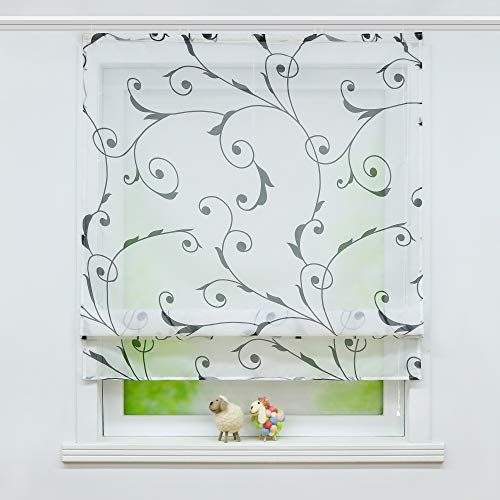 Delien Transparente Raffrollo Modern Voile Gardine Rolls Raffgardine Fenster Schals Kurz Vorhang »Baum« Bändchenrollo Küche Landhaus Gardinen mit Klettband BxH 80x140cm,Weiß