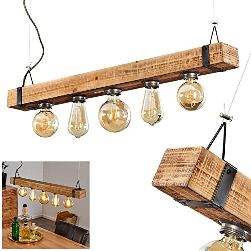 HOFSTEIN Pendelleuchte Montgomery, Vintage Hängelampe aus Metall/Holz in Schwarz/Natur, verstellbare Hängeleuchte, Retro-Design mit Holzstab, Höhe max. 110,5 cm, Länge 80 cm, 5-flammig, E27