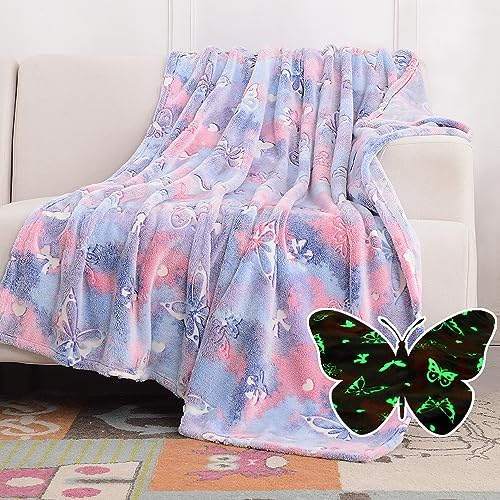 SOCHOW Plaid Polaire Phosphorescent 150 x 200 cm, Couverture Lumineuse en Molleton de Flanelle Motif Papillon, Violet en Toute Saison pour Lit Enfants