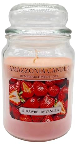 Amazzonia Candle Strawberry Vanilla 530 Gr, Vela perfumada natural, Vela de cera de soja, perfumadora de medio ambiente, vela blanca decorativa, tarro de cristal