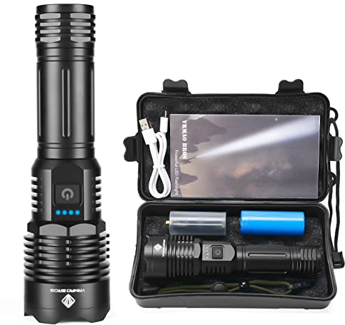 VRMAO BROS Taschenlampe Led Aufladbar Taktische Taschenlampen 10000 lumen Extrem Hell, Taschenlampe Batteriebetrieben, IPX5 Flashlight, 5 Lichtmodi Zoombar mit 5000mah Akku