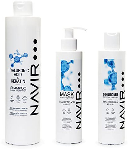 NAVIR Professionale | Kit professionale capelli con acido ialuronico – Shampoo 500ml + maschera 200ml + balsamo 200ml – Idratazione intensa post trattamento lisciante – Senza solfati – 3 prodotti