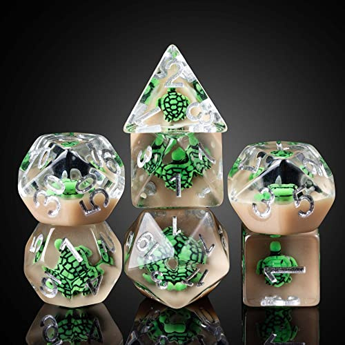 Cusdie Set med 7 tärningar, D&D-tärningar, set med polyedriska tärningar fyllda med djur, för rollspel, spelet Dungeons & Dragons, MTG Pathfinder (grön sköldpadda)