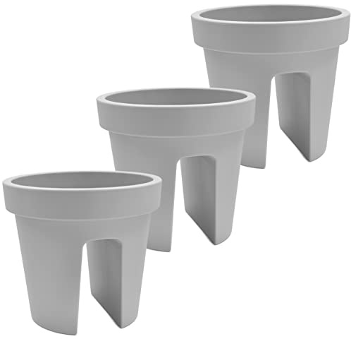 Stephans Möbelbörse 3er Set Balkon-Blumenkasten rund 28cm, Geländertopf, Balkonkasten, Blumentopf, Pflanztopf Railing 13L (Schwarz) (Grau)
