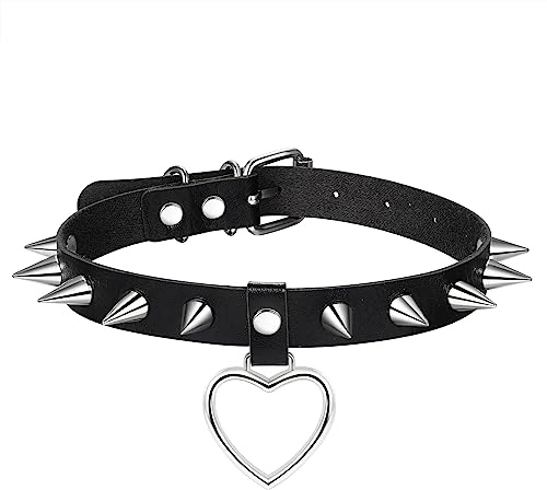 Flongo Choker Leder Halsband mit Nieten Herz Gothic schwarz Lederhalsband punk Tattoo Kette mit collar PU-Leder Halskette stachelhalsband rock Party Cosplay accessoires für Herren Frauen Mädchen