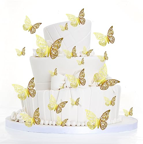 48PCS Gold 3D Butterfly Cupcake Toppers, Hollow Butterfly Party Cake Decoration Butterfly Stickers for Birthday Wedding Party/Wall Decoration