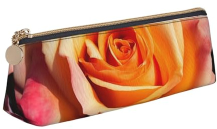 Impression de Rose de thé Hybride, Trousse à Crayons Triangle Pen Case Sac à Crayons en Cuir Portable avec Sac à cosmétiques à Fermeture éclair