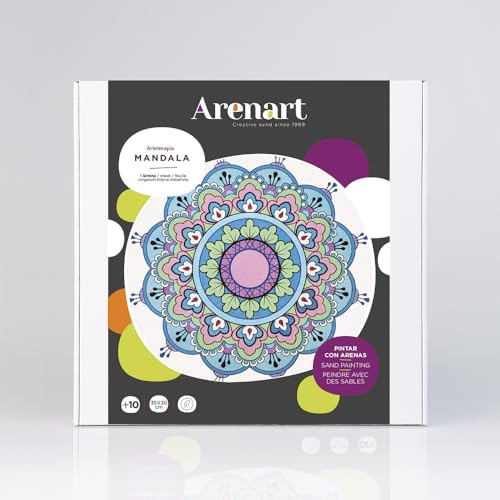 ARENART Set mit 1 Mandala, 38 x 38 cm, zum Malen mit farbigem Sand, für Erwachsene und Jugendliche, einfaches Zeichnen, Malen nach Zahlen | +9 Jahre