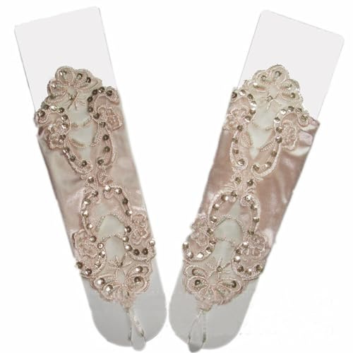 URFEDA Gants longs en satin pour femme - Dentelle - Satin - Fleur - Mariage - Gants sans doigts - Gants de danse - Gants de fête extensibles - Pour Noël et Halloween - Années 1920, Champagne, taille