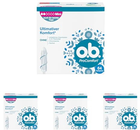 o.b. ProComfort Mini, Tampons für leichte bis mittlere Tage mit Dynamic Fit Technologie & SilkTouch Oberfläche, für ultimativen Komfort* & zuverlässigen Schutz (1 x 64 Stück) (Packung mit 4)
