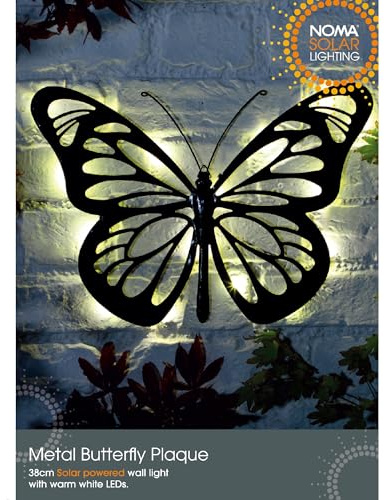 NOMA Solar Metal Butterfly LED Garden Plaque (Pack of 1) | Back-Lit with Warm White LEDs, Solar-Powered, Durable Metal Design, Elegant Garden Decor