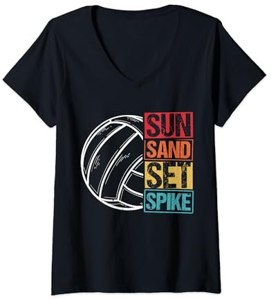 Damen SUN SAND SET SPIKE Beach Volleyball Hobby Sportler Sport T-Shirt mit V-Ausschnitt