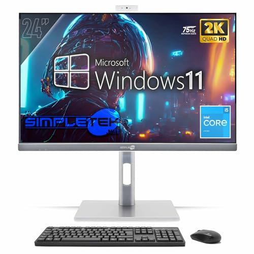 SIMPLETEK - All in One PC 24 2K 75Hz Core i5 | Windows 11 Pro 8GB RAM e SSD 240GB | Computer Tutto in Uno Attacco VESA Webcam Built-in Stand Regolabile