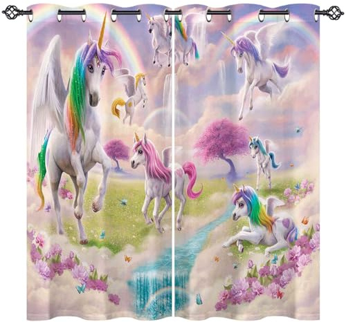 ANHOPE Regenbogen Einhorn Blume Vorhänge mit Ösen Blickdichte Gardinen Thermo Vorhang Blackout Curtain Schlafzimmer Wohnzimmer Kinder Mädchen Verdunklungsvorhänge 2er Set H 160 x B 107 cm