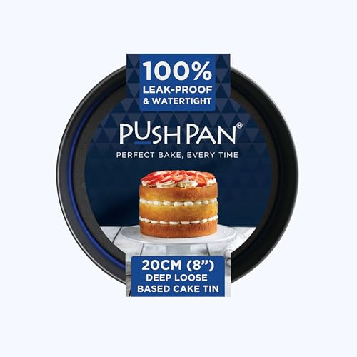 PushPan 8 Inch Deep Cake Tin | Patented Silicone Seal | Leak-Proof & Watertight Round Baking Tin | Non-Stick Low Carbon Steel | 20cm Cake Tin | Dishwasher, Oven & Freezer Safe