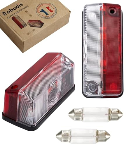 Rebadis Lot de 2 feux de position latéraux rouge/blanc, Feu gabarit 90 x 41mm, Livré AVEC ampoule 12V remorque camping-car caravane