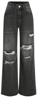 CIDER Women’s Ripped Jeans High Waisted Distressed Baggy Straight Wide Leg Pants: Carbon, M