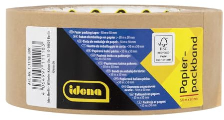 Idena 11118 - Nastro da imballaggio in carta, sostenibile, marrone, 5 cm x 50 m extra forte, 1 rotoli di nastro adesivo in carta riciclata