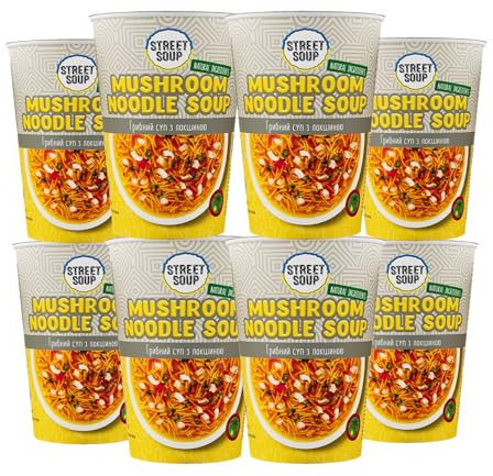 STREET SOUP Instant Suppe To Go - Nudelsuppe mit Pilzen (8 Stück, je 300g) - Fertige Low Carb Suppen für Diät, zum Snacken, Abnehmen & unterwegs - Fertiggerichte & Fertigessen vegan & glutenfrei