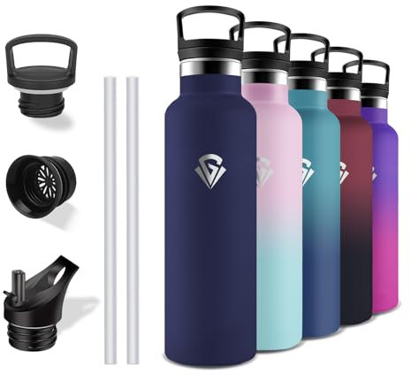 Grsta Thermosflasche, 750ml Trinkflasche Edelstahl, mit Strohhalm, BPA-Frei, Auslaufsicher, Wasserflasche Doppelwandig, für Schule, Camping, Wandern, Reisen