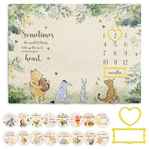 Guawubiang Winnie Milestone Blanket for Baby, Pooh Babies Monthly Blanket, Winnie Quotes Baby Milestone Blankets, Newborn Photography Background Decor, with 8 Holiday Cardstocks