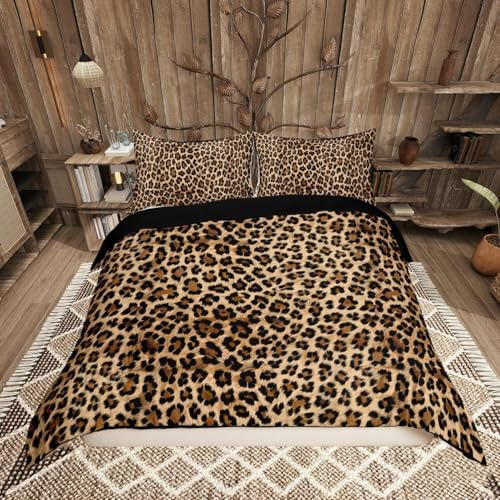 Homemissing Kids Leopard Print Duvet Cover Double Size, Cowhide Bedding Set Boys Girls Brown Cow Comforter Cover Animal Bedspread Cover Kids Room Decor Soft Quilt Cover 3Pcs (No Comforter)