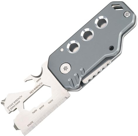 TROIKA Mini herramienta con 11 funciones – KEYTOOL – Cuchillo – Llavero (lazo de alambre) – Cortador de hilo – Acero inoxidable 420 – Aluminio anodizado – Titanio – TROIKA Original